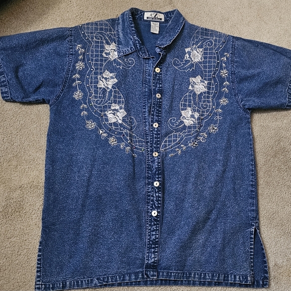 Tops - Blue Denim Shirt with White Embroidery
